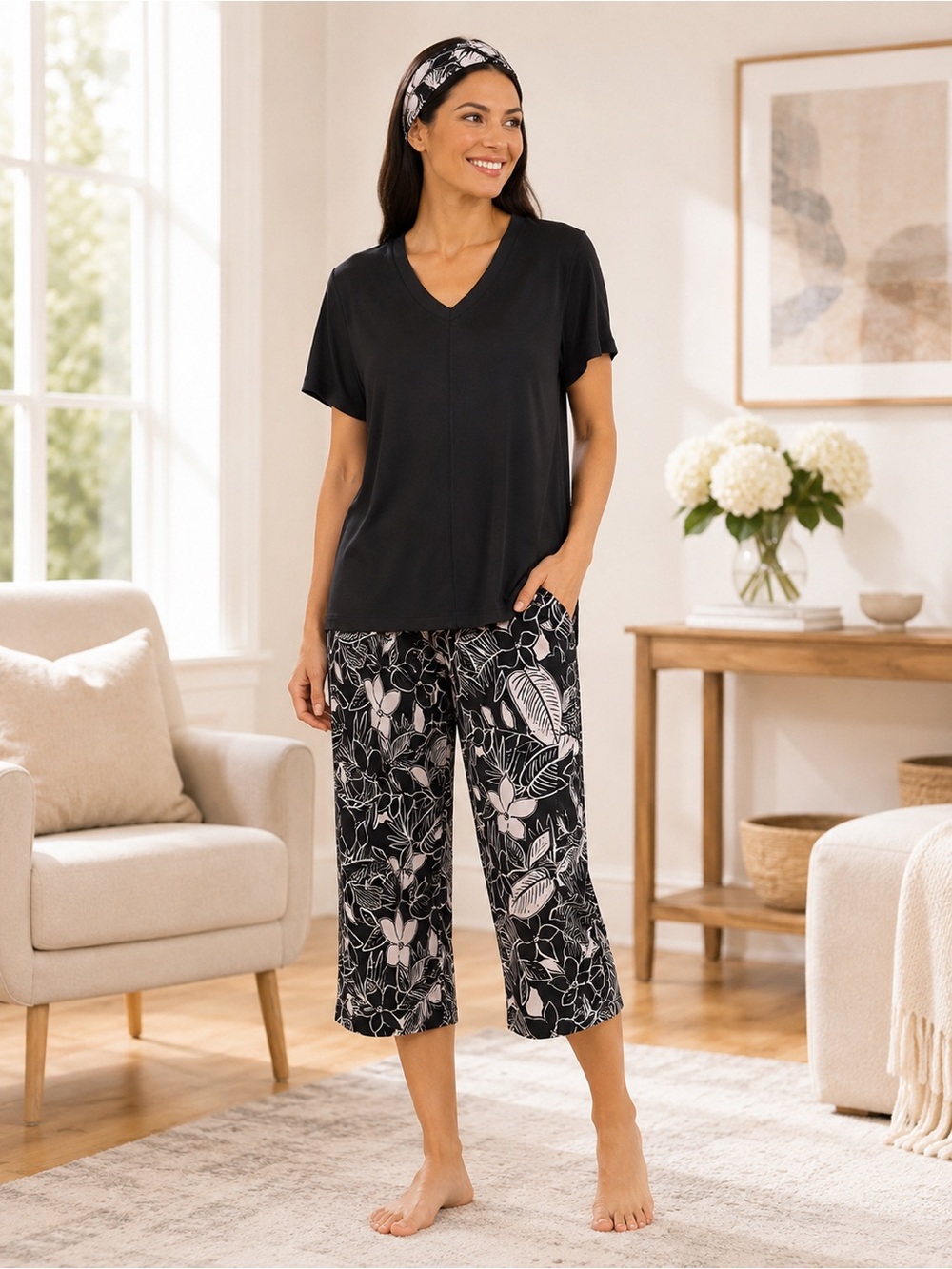 Cuddl Duds 3-Piece Black Floral Leaf Pajama Capri Lounge Set w/ Headband NWT S